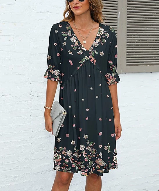 Best reviews of π Pink Daisy Black-Green & Pink Floral Triangle Empire-Waist V-Neck π Dress - π© Women β