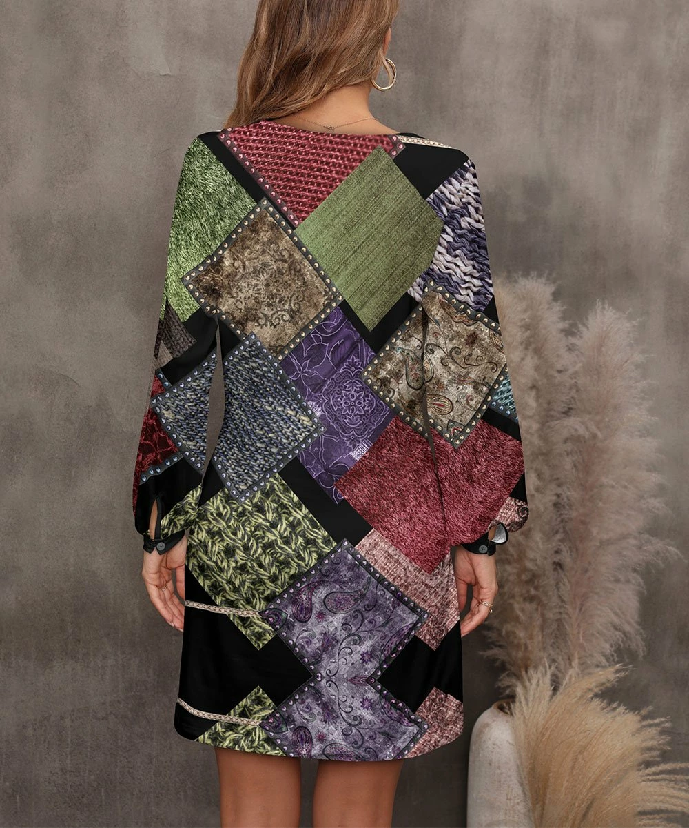 Coupon β Pink Daisy Black & Green Patchwork Long-Sleeve π Dress - Plus π₯ - Image 2