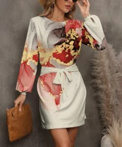 Discount π Pink Daisy Red & Gold Marbled Tie-Waist Bishop-Sleeve π Dress - π© Women & Plus π₯