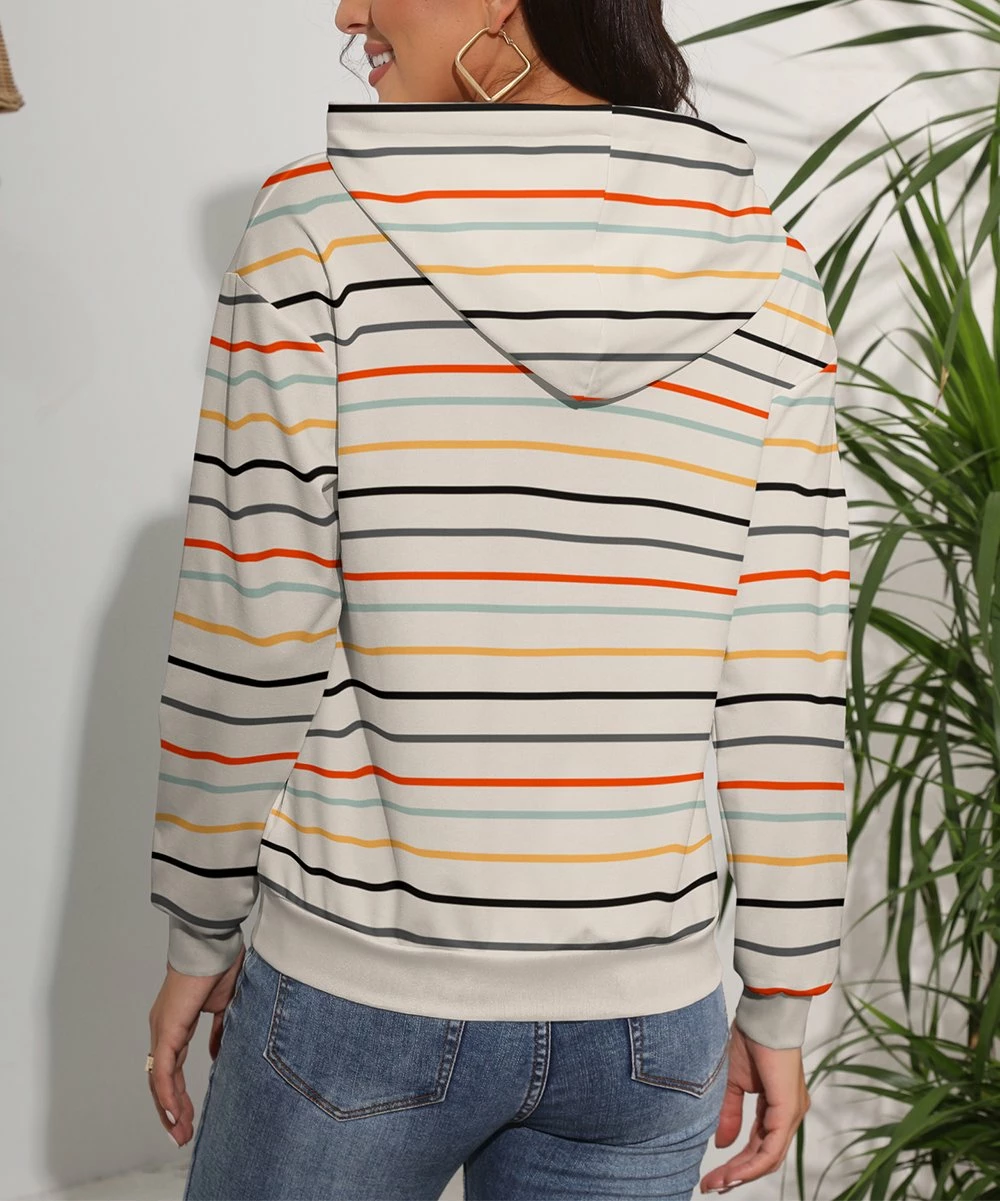 Hot Sale π₯ Pink Daisy Beige & Navy Stripe Drawstring Hoodie - π© Women π - Image 2