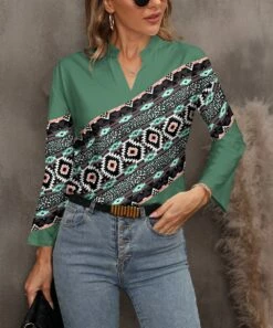 Coupon 😀 Pink Daisy Green Multicolor Geometric Notch Neck Top - 👩 Women 🤩