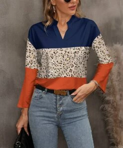 Discount 🔥 Pink Daisy Navy & Orange Leopard Color Block Long-Sleeve Notch Neck Top - 👩 Women 🎉