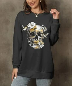 Flash Sale 🌟 Pink Daisy Black & Orange Floral Skull Crewneck Sweatshirt - 👩 Women 😍