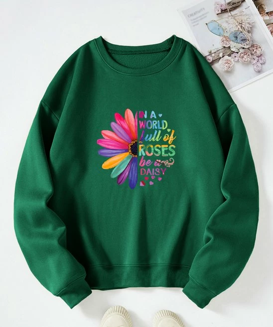 Best Sale π Teedino Green & Pink 'Be A Daisy' Fleece-Lined Sweatshirt - π© Women π§¨