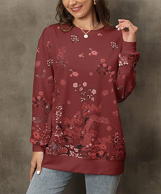 Hot Sale π Pink Daisy Wine & Pink Floral Crewneck Pullover - Plus π