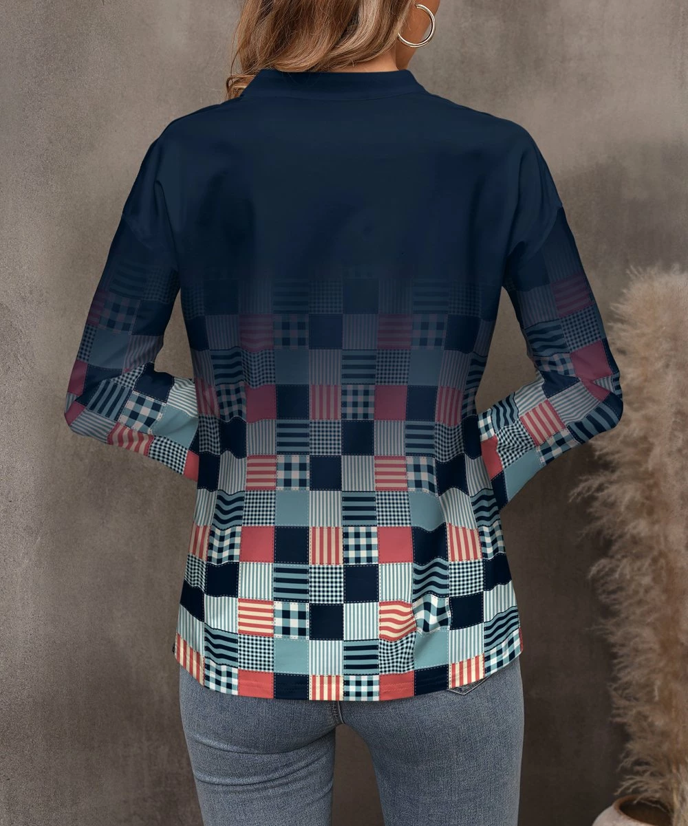 Cheapest β Pink Daisy Navy & Red OmbrΓ© Patchwork Long-Sleeve Notch Neck Top - π© Women π - Image 2