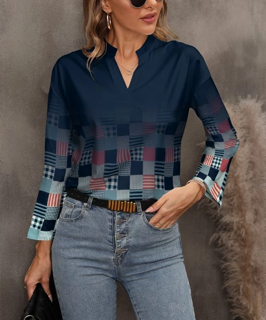 Cheapest β Pink Daisy Navy & Red OmbrΓ© Patchwork Long-Sleeve Notch Neck Top - π© Women π