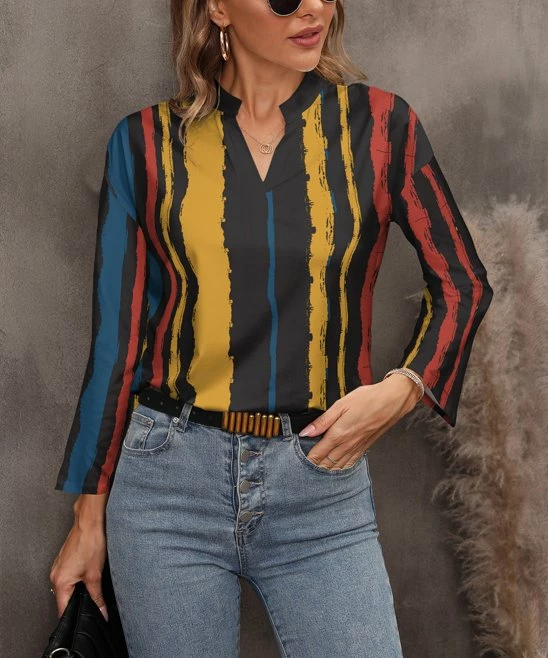 Budget β Pink Daisy Yellow & Red Abstract Stripe Long-Sleeve Notch Neck Top - π© Women β
