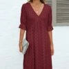 Hot Sale ✔️ Pink Daisy Burgundy Abstract V-Neck Surplice 👗 Dress - 👩 Women ✔️