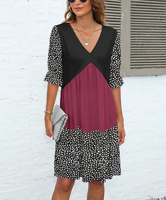 Wholesale π₯° Pink Daisy Black & Burgundy Speckled Half-Sleeve Empire-Waist π Dress - π© Women & Plus β¨