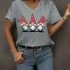 Budget ✨ Pink Daisy Gray & Red Gnome V-Neck Top - 👩 Women 🎉