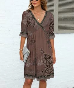 Deals 🛒 Pink Daisy Brown & Black Floral Half-Sleeve V-Neck 👗 Dress - 👩 Women & Plus 🔔