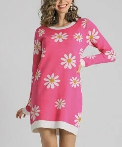 Flash Sale 😍 UMGEE U.S.A. Pink & White Daisy Sweater 👗 Dress - 👩 Women 😉