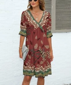 Cheapest 🎁 Pink Daisy Rust & Green Foliage V-Neck Empire-Waist 👗 Dress - 👩 Women 🔥