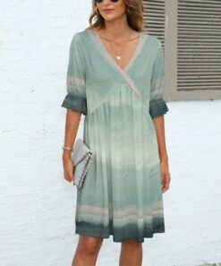 Deals ⭐ Pink Daisy Green & Ivory Stripe V-Neck Empire-Waist 👗 Dress - 👩 Women 🛒