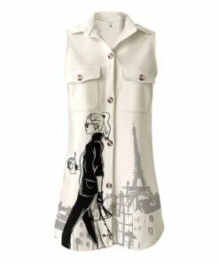 Discount 😀 Pink Daisy White Paris Scene Pocket Sleeveless Longline Button-Up - 👩 Women & Plus 🎁