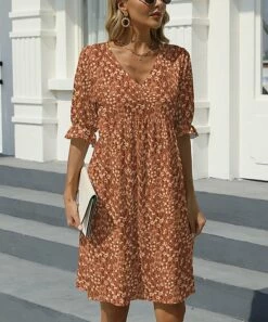 Flash Sale π₯ Pink Daisy Orange Floral Short Poet-Sleeve V-Neck A-Line π Dress - π© Women π―