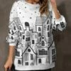 Promo ✨ Pink Daisy White & Black Snowflake Village Sweatshirt - 👩 Women 🛒