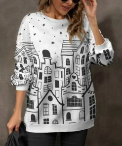Promo ✨ Pink Daisy White & Black Snowflake Village Sweatshirt - 👩 Women 🛒