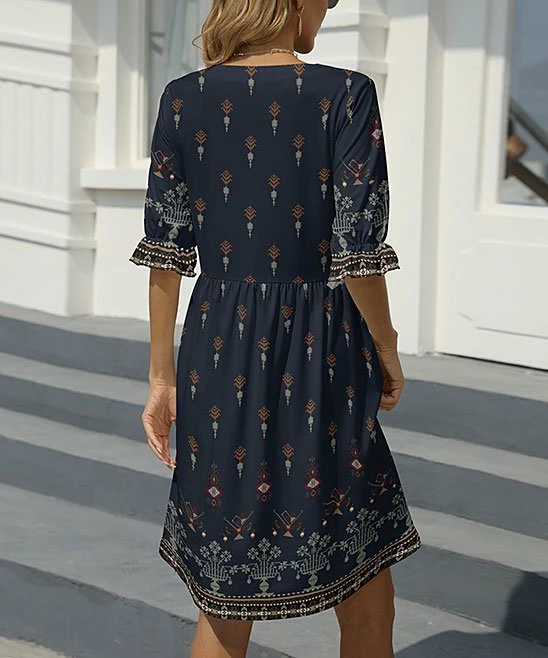 Cheapest π Pink Daisy Navy & Brown Geometric Short Poet-Sleeve V-Neck A-Line π Dress - π© Women π - Image 2