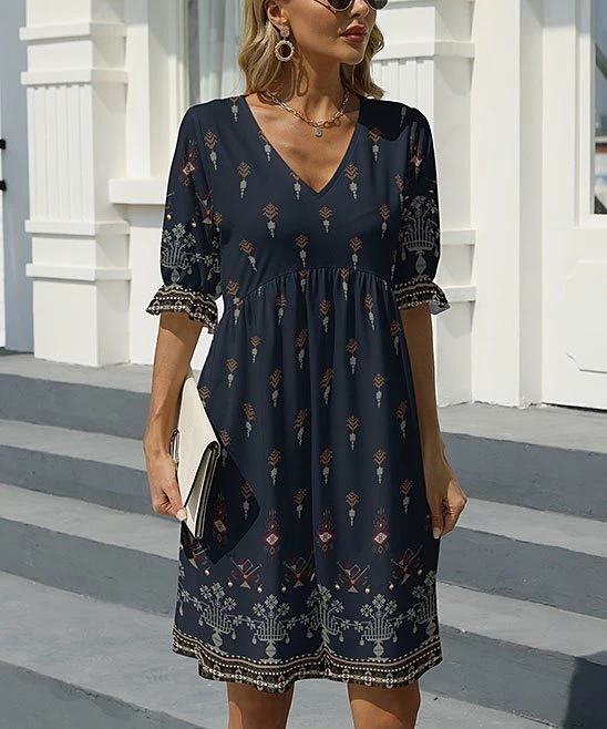 Cheapest π Pink Daisy Navy & Brown Geometric Short Poet-Sleeve V-Neck A-Line π Dress - π© Women π