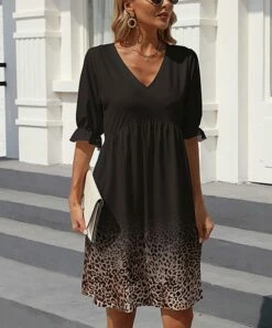 Cheapest ✨ Pink Daisy Black & Beige Ombré Half-Sleeve V-Neck 👗 Dress - 👩 Women 😀