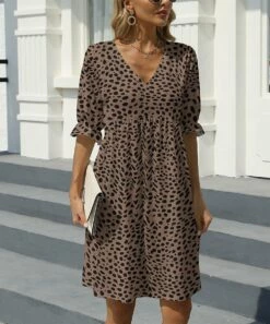 Deals 😀 Pink Daisy Tan & Brown Leopard V-Neck A-Line 👗 Dress - 👩 Women 👍