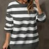 New 🌟 Pink Daisy Gray & White Stripes Crewneck Sweatshirt - 👩 Women 🧨