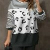 Cheap 🛒 Pink Daisy White & Black Stripe Leopard Crewneck Sweatshirt - Plus ❤️
