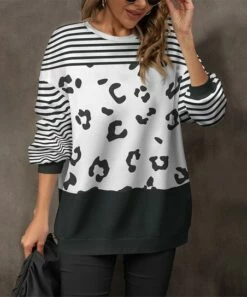 Cheap 🛒 Pink Daisy White & Black Stripe Leopard Crewneck Sweatshirt - Plus ❤️