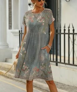 Deals 😉 Pink Daisy Gray & Pink Floral Pocket Short-Sleeve A-Line 👗 Dress - 👩 Women 🛒