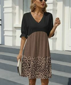 Flash Sale 🤩 Pink Daisy Black & Brown Leopard Ruffle-Accent V-Neck Empire-Waist 👗 Dress - 👩 Women & Plus ✨