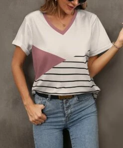 Cheapest 🎁 Pink Daisy White & Mauve Abstract Geometric V-Neck Tee - 👩 Women 😉