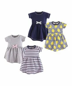 Cheap ✨ Touched By Nature Heather Gray & Navy Stripe Lemon Short-Sleeve Organic Cotton A-Line 👗 Dress Set - Infant & Toddler ❤️
