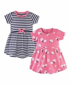 Discount 👍 Hudson Baby Blue & Pink Stripe & Daisy A-Line 👗 Dress Set - Newborn, Infant, Toddler & 👧 Girls 🛒