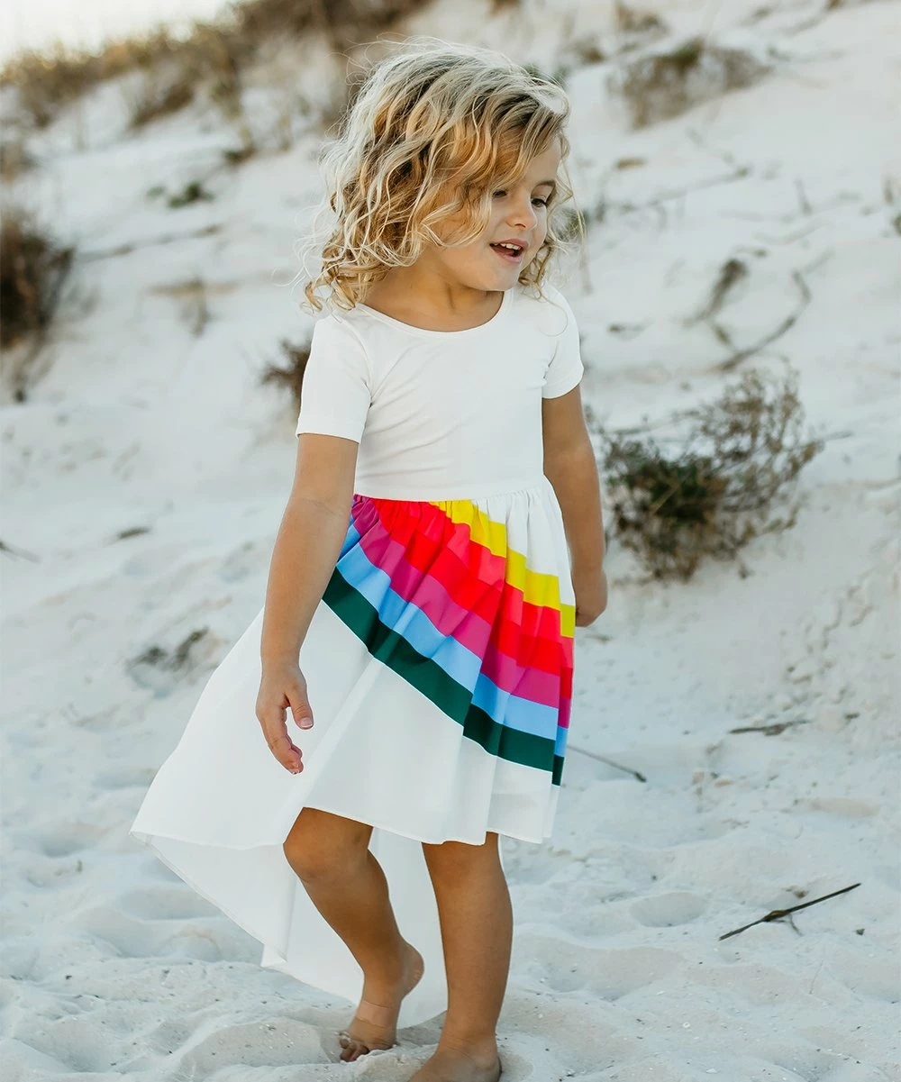 Discount π₯° Oopsie Daisy White & Pink Rainbow Short-Sleeve Hi-Low π Dress - Toddler & π§ Girls π - Image 2