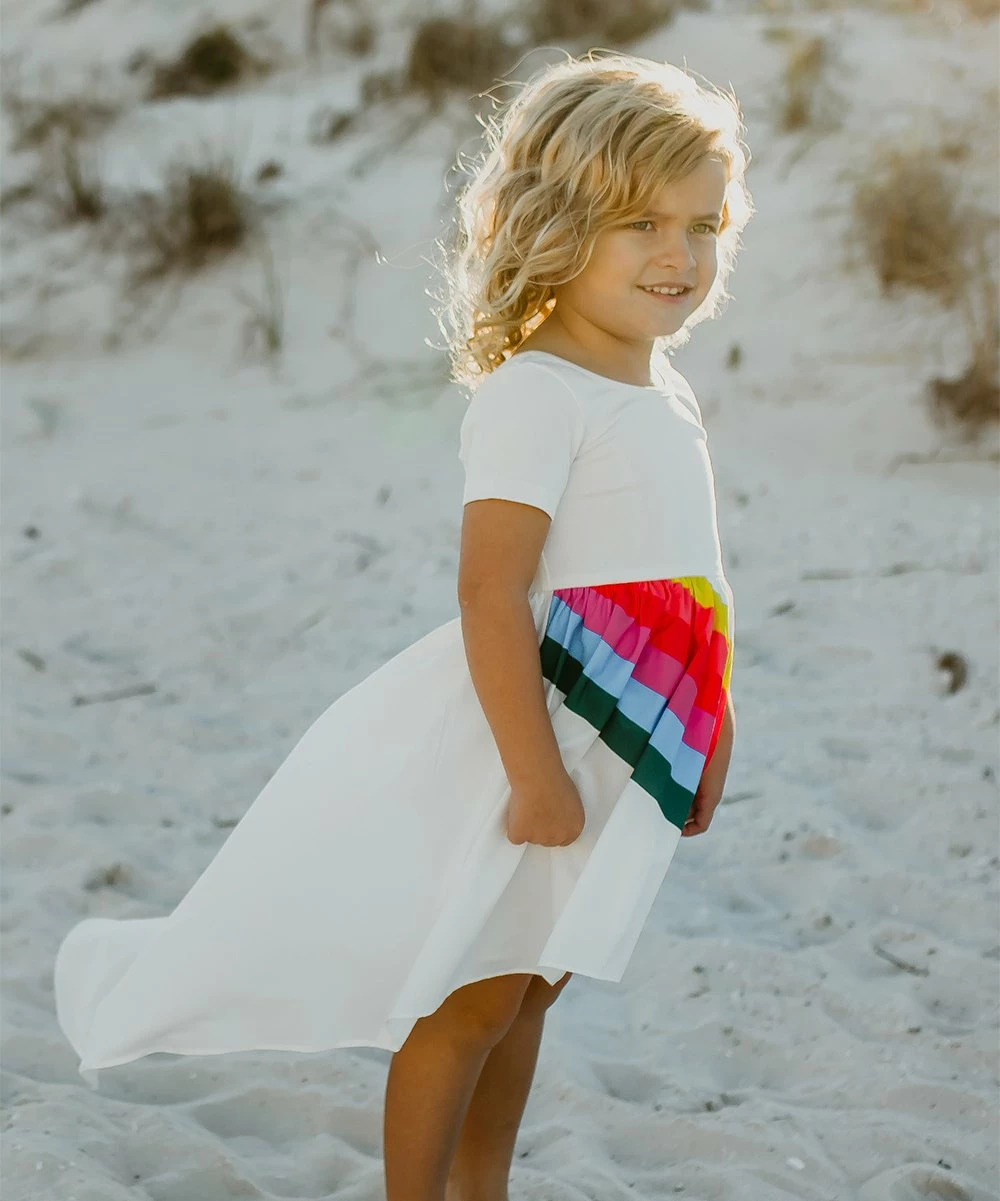 Discount π₯° Oopsie Daisy White & Pink Rainbow Short-Sleeve Hi-Low π Dress - Toddler & π§ Girls π - Image 3