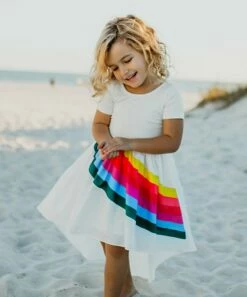 Discount 🥰 Oopsie Daisy White & Pink Rainbow Short-Sleeve Hi-Low 👗 Dress - Toddler & 👧 Girls 🎉