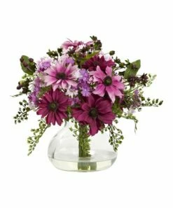 Buy 🎉 Nearly Natural Pink Mixed Daisy Floral Arrangement & Vase ✔️