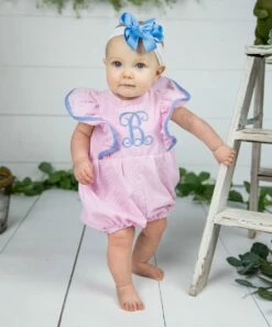 Buy βοΈ Caught Ya Lookin' Pink & Blue Initial Daisy Seersucker Romper - Infant π€©