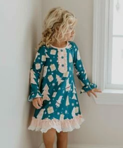 Promo 👏 Oopsie Daisy Navy & Pink Santa Ruffle-Detail Long-Sleeve 👗 Dress & Bloomers - Toddler ✔️