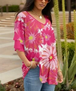 Buy 👍 Lily Pink Daisy V-Neck Ruffle Sleeve Tunic - Plus ⭐